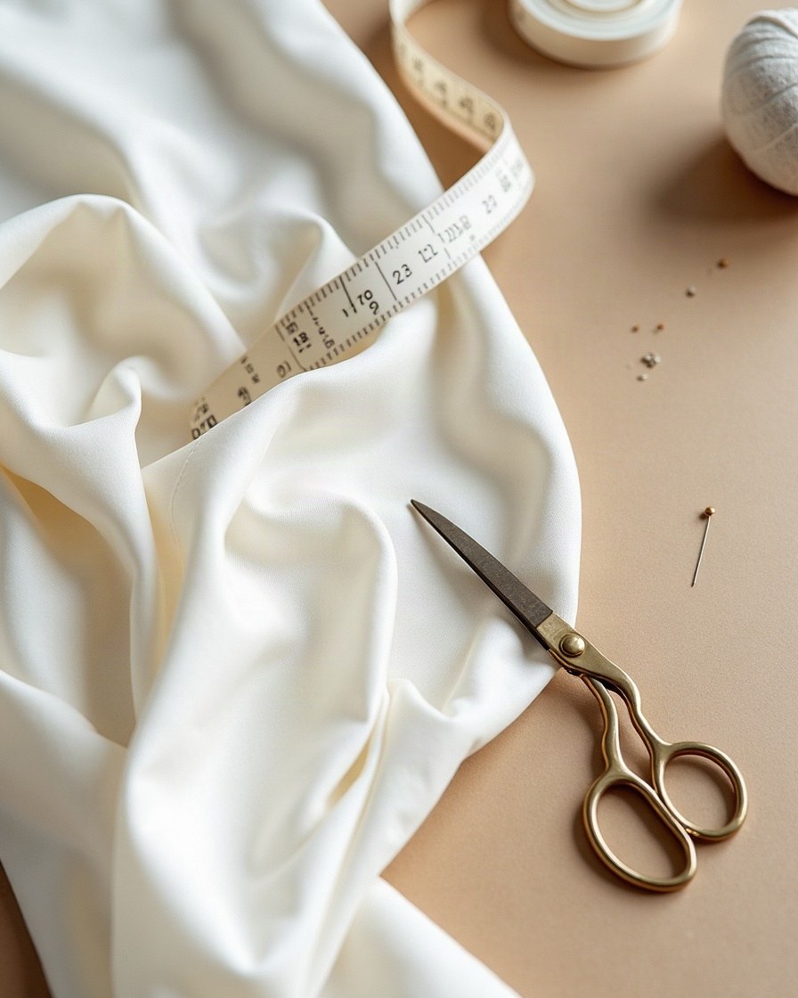 Off-white silk with a measuring tape and scissors on an atelier table