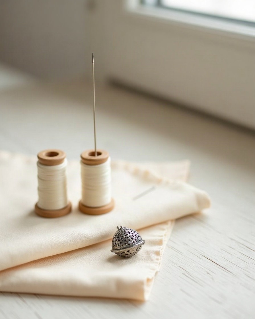 Spools of ivory silk thread, a needle and a thimble on folded silk