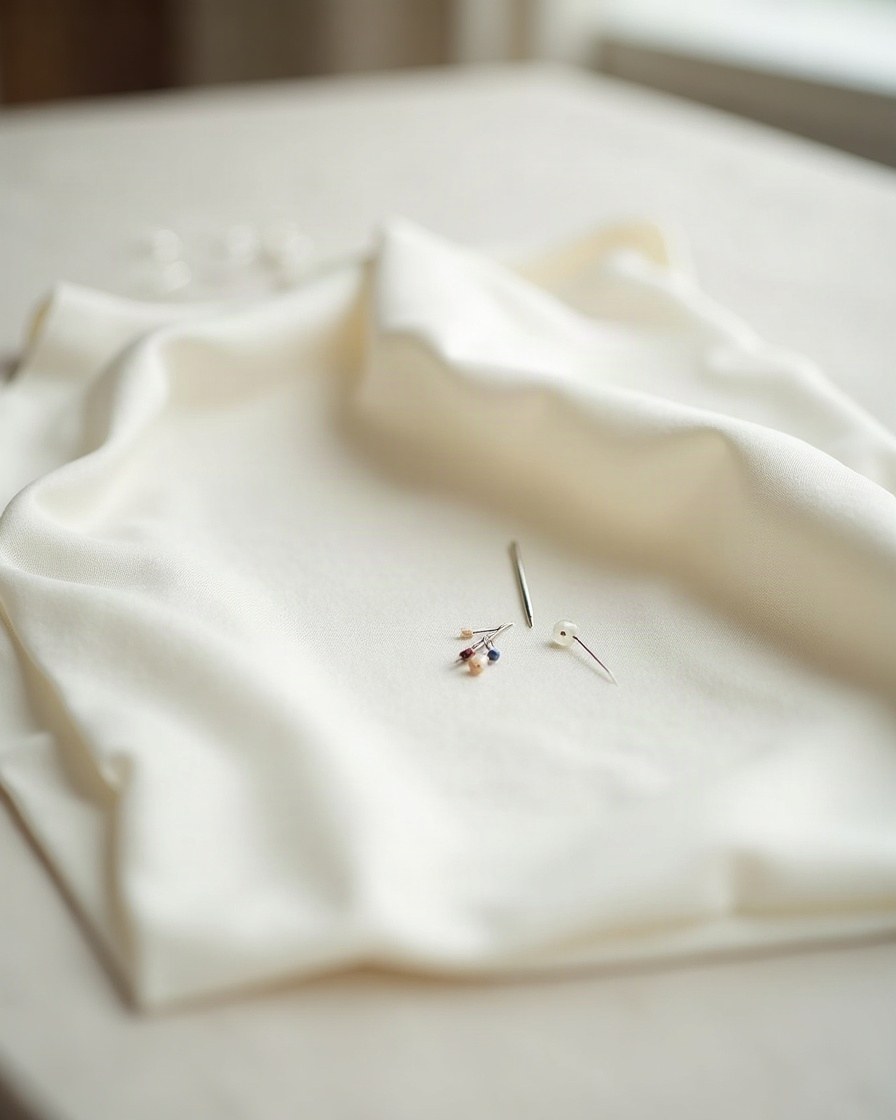 Off-white silk with a needle and tailor's pins on an atelier table