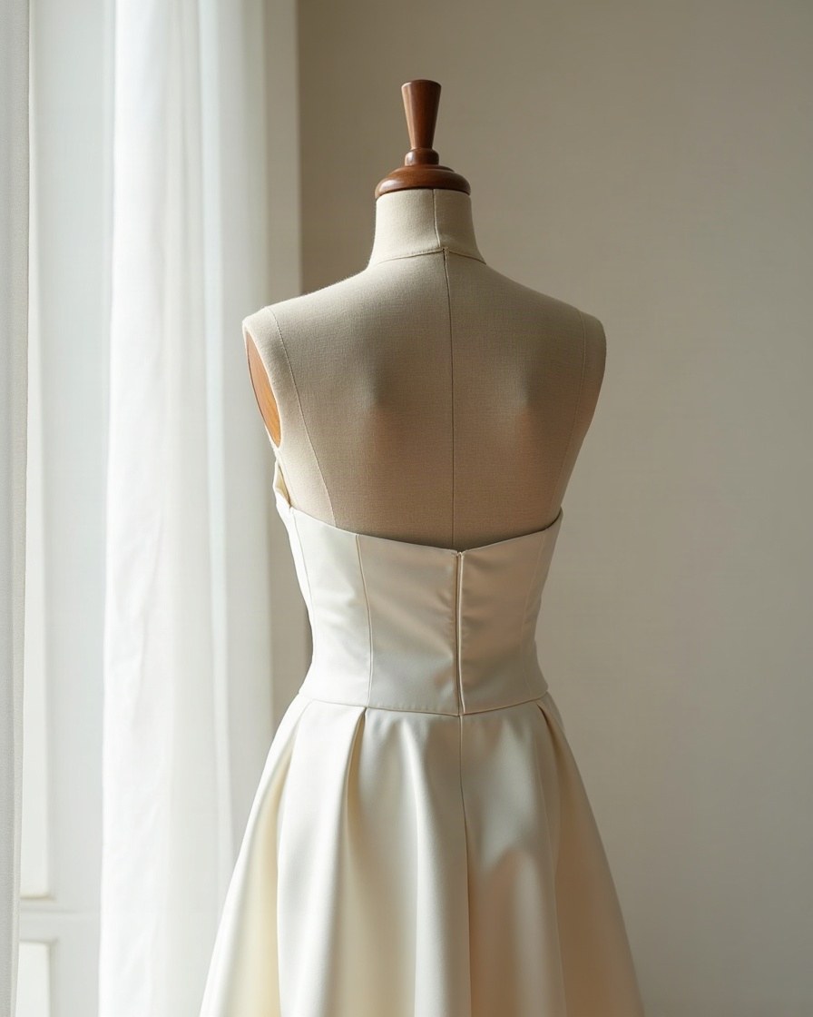 The back of a simple ivory silk wedding dress on a dress form, with clean fine seams